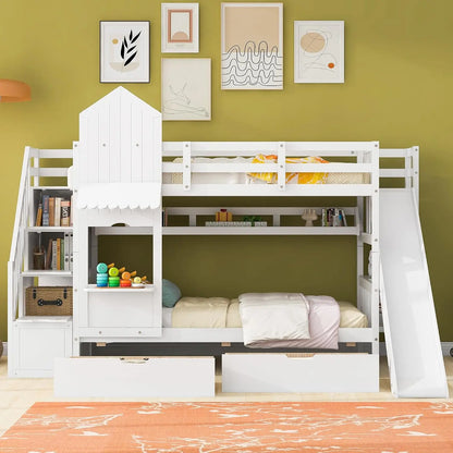 Castle Style Kids Bunk Bed with Stairs and Slide