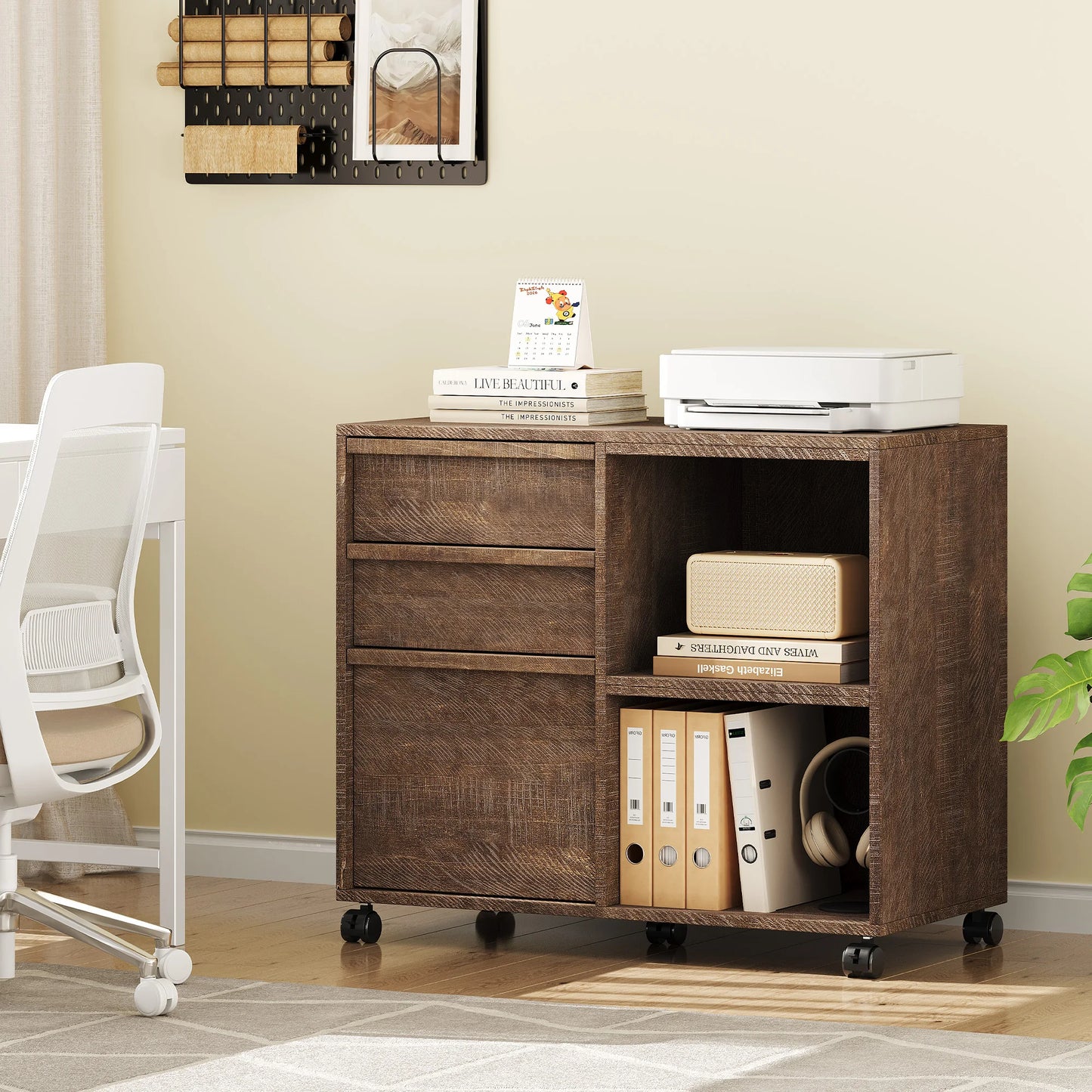 Rolling 3 Drawer Wood File Cabinet with Open Storage Shelves
