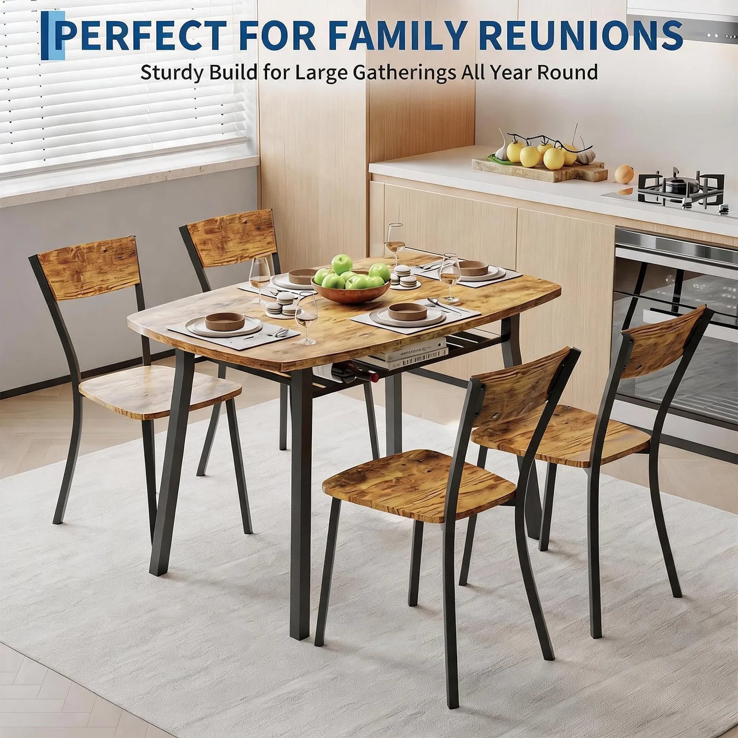 5 Piece Dining Table Set For 4 with Storage Shelf