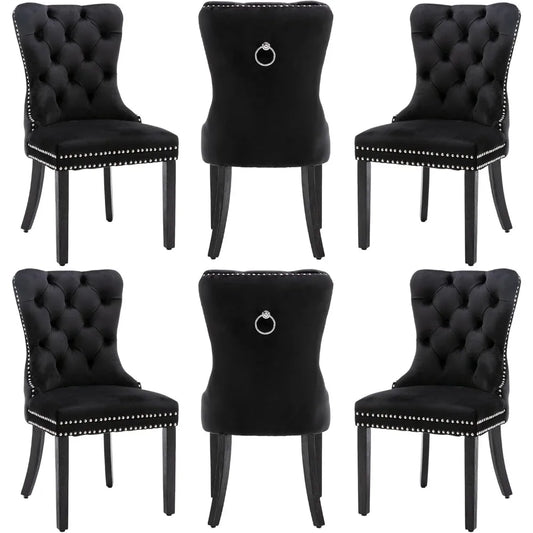 Velvet Dining Chairs Set of 6 with Wood Legs and Pull Ring