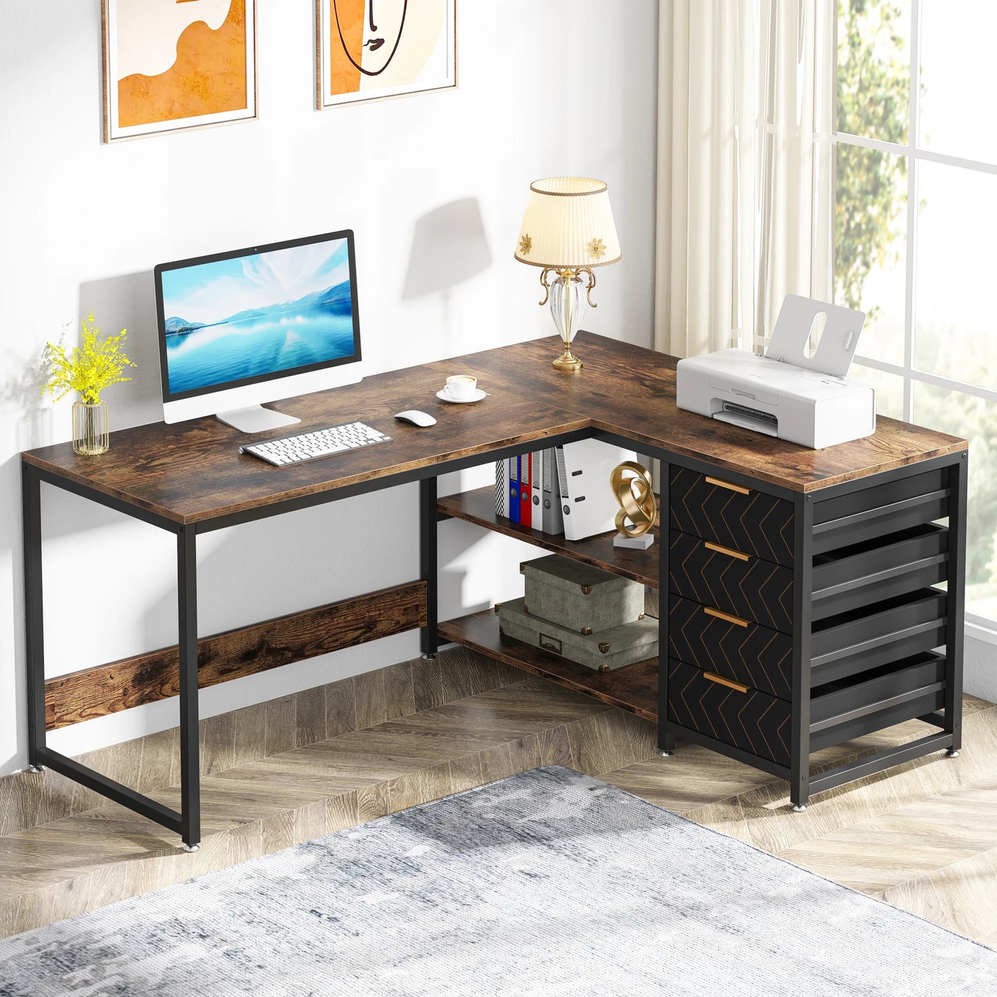 59 inch Corner Desk with Shelves & Storage Drawers