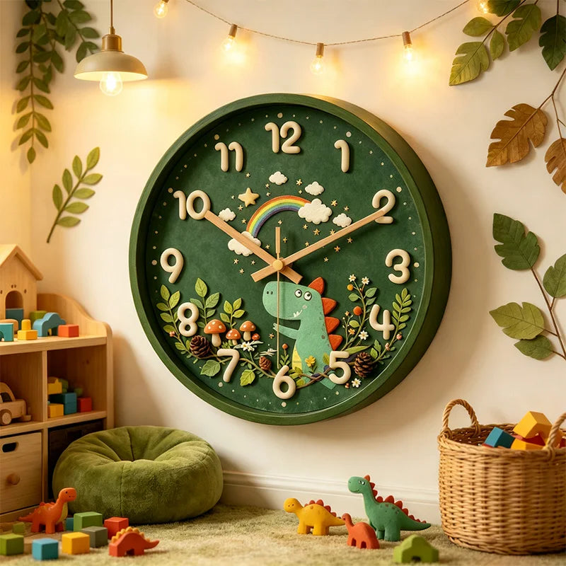 Silent, Non-Ticking Forest Dinosaur Rainbow Wall Clock