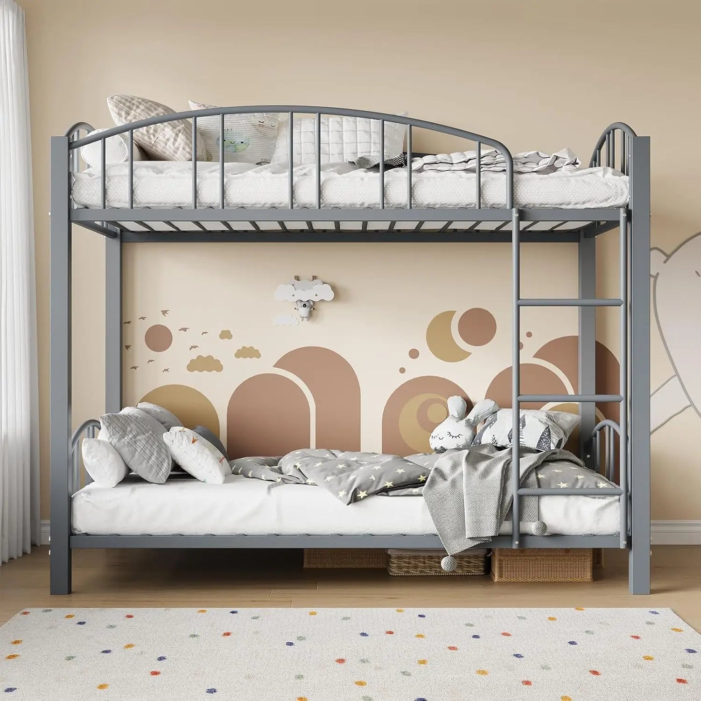 Metal Bunk Beds Twin Over Twin Size with Safety Guardrail & Ladder