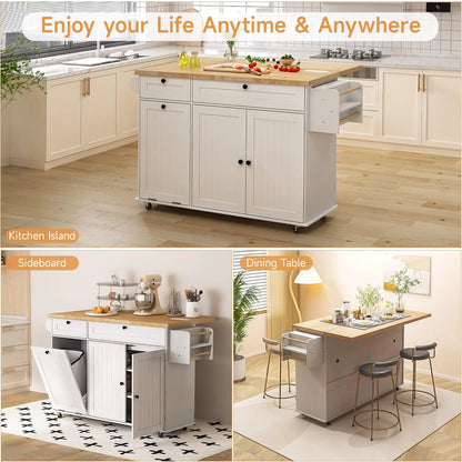 60" Rolling Kitchen Island with Drop-Leaf & Trash Bin