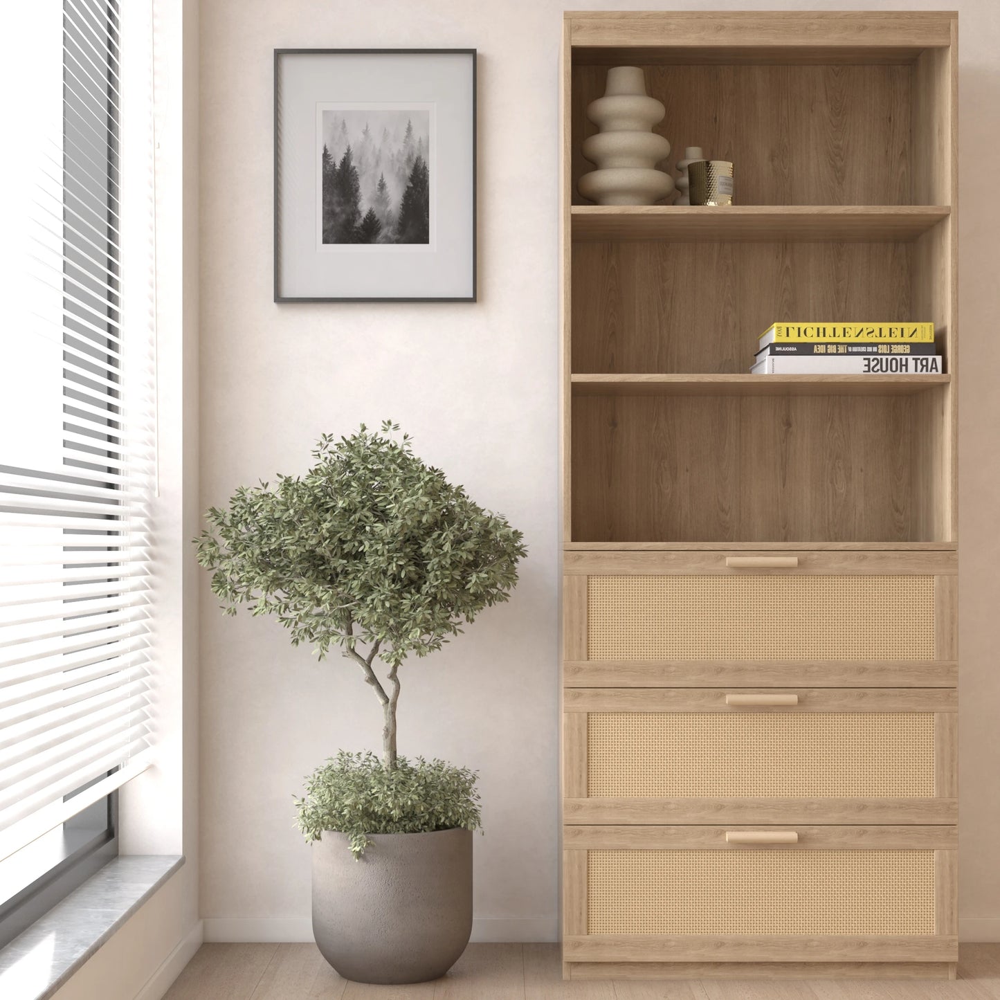 71" Tall Rattan Bookcase with 3 Drawers