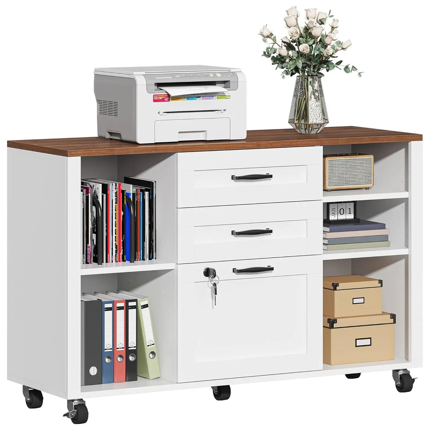 Portable 2 Drawer Wood Lateral File Cabinet with Lock