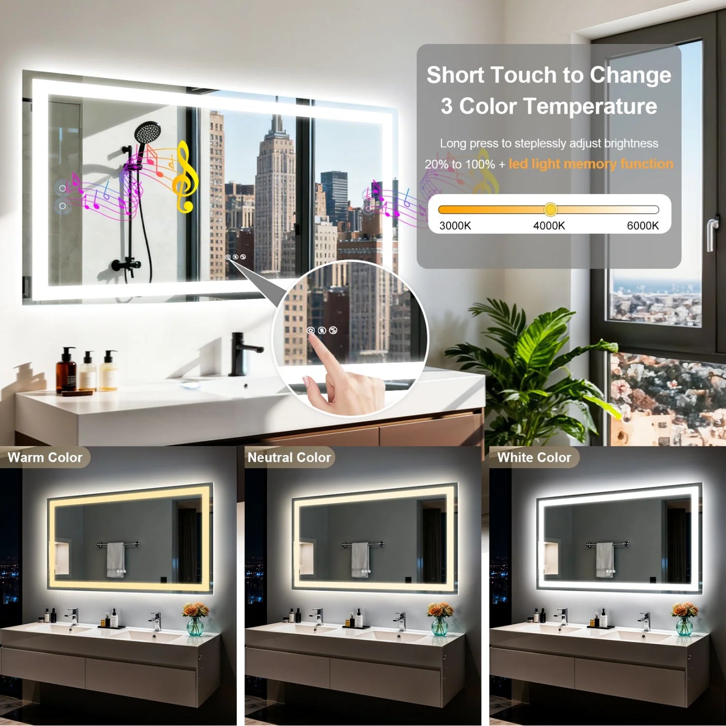 LED Bathroom Mirror w/ Speakers, Dimmable Backlit, Anti-Fog