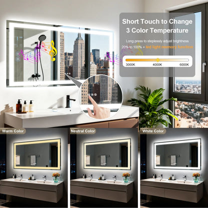 LED Bathroom Mirror w/ Speakers, Dimmable Backlit, Anti-Fog