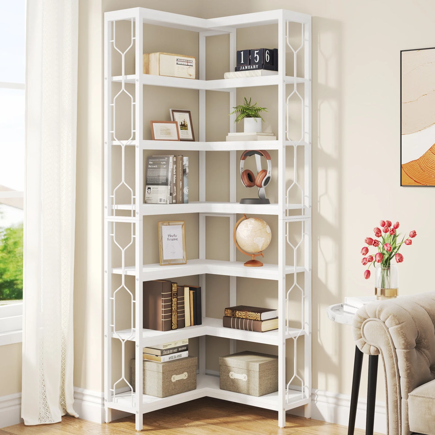 7-Tier Corner Bookshelf with Open Display Shelves