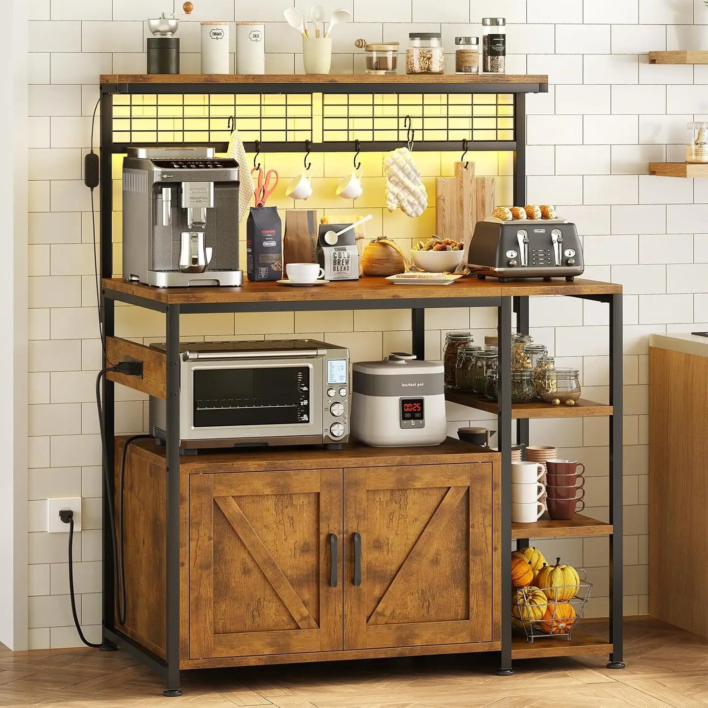 Bakers Rack with Power Outlet and LED Light