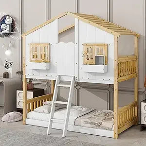 Floor House Bunk Bed with Roof and Window