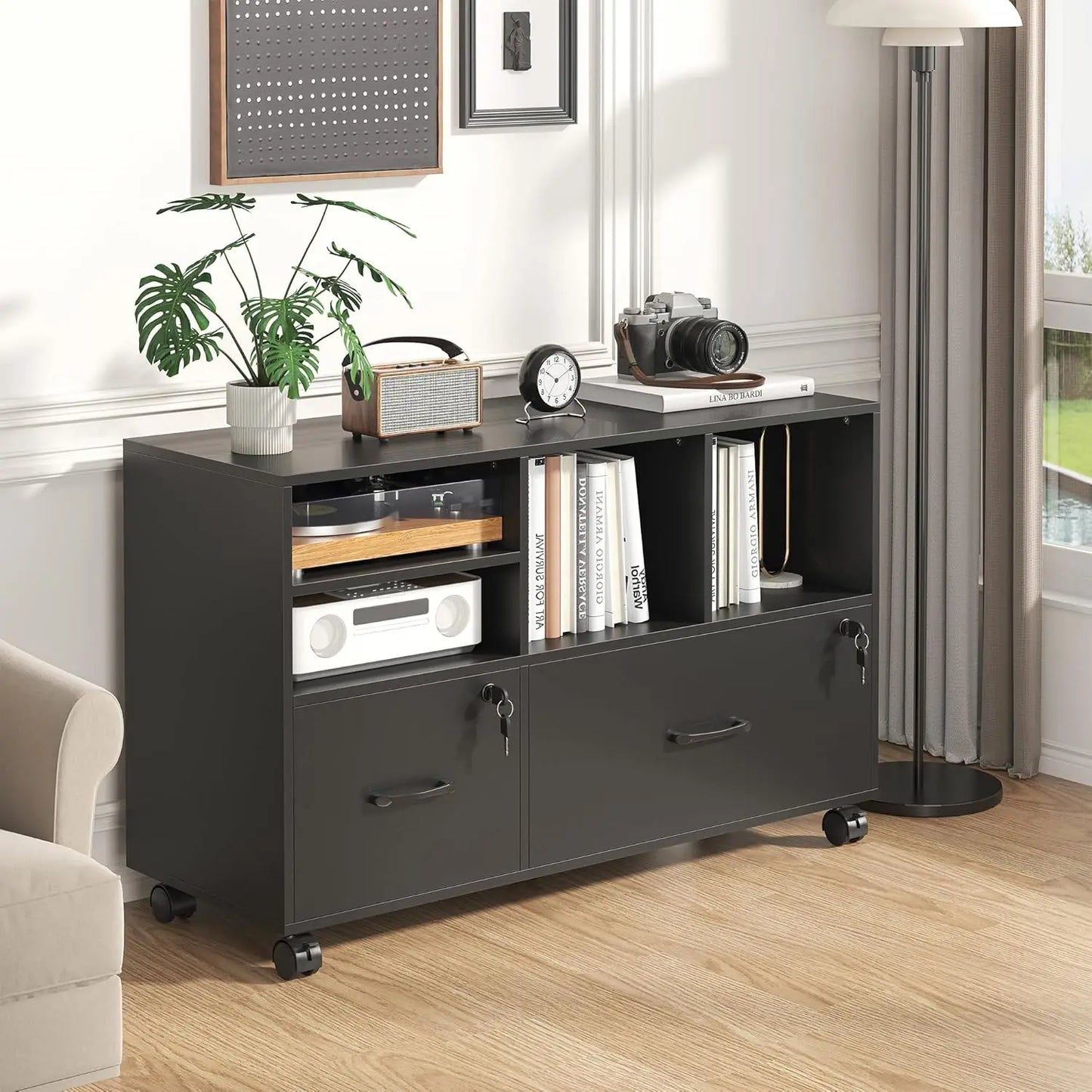 Portable 2 Drawer Wood Lateral File Cabinet with Lock