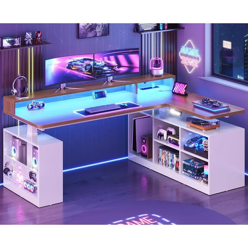 L Shaped Electric Standing Desk with Storage Shelves & LED Lights