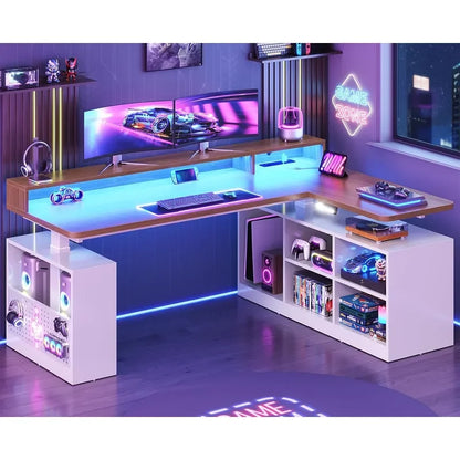 L Shaped Electric Standing Desk with Storage Shelves & LED Lights