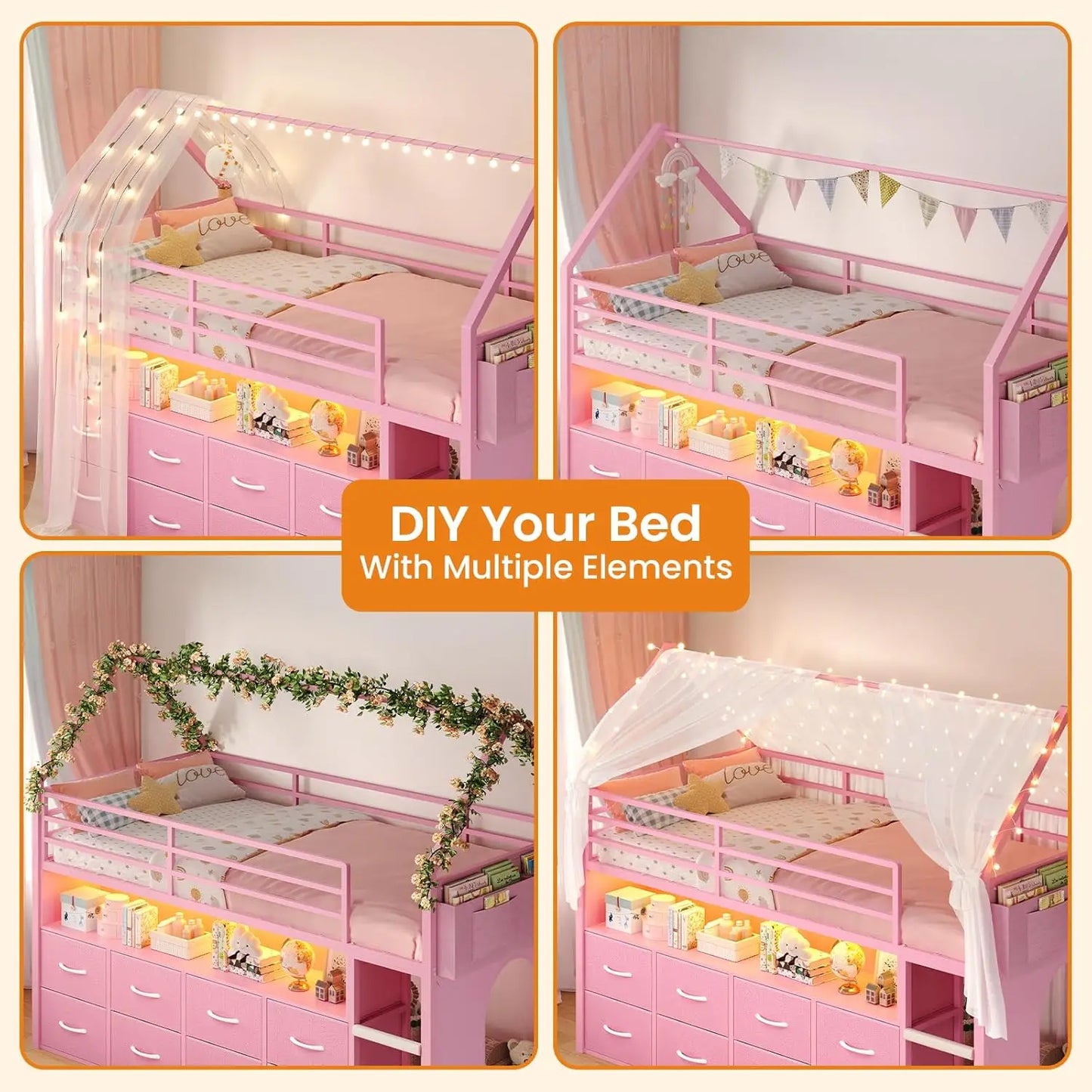 House Shaped Metal Twin Bed with Bookcase & Storage Drawers