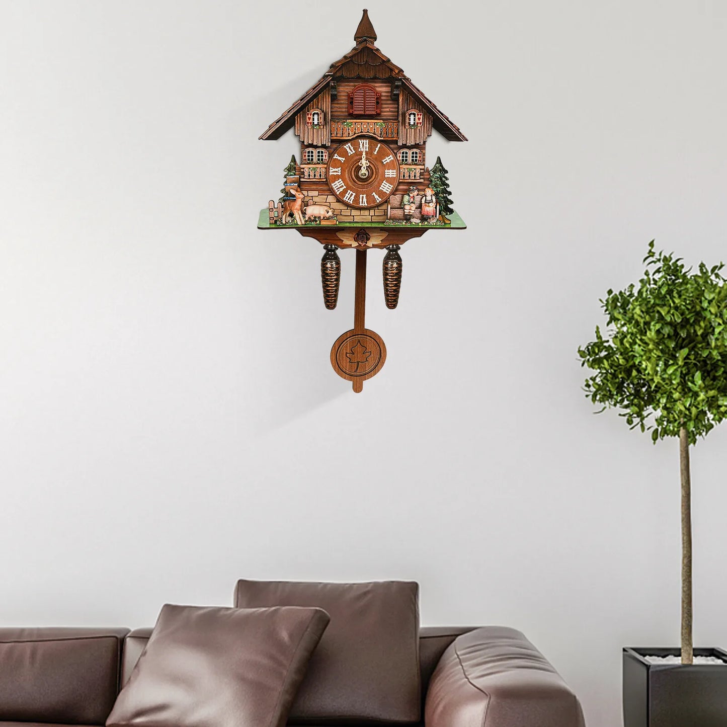 Traditional Antique Chalet Forest House Wall Clock w/ Pendulum
