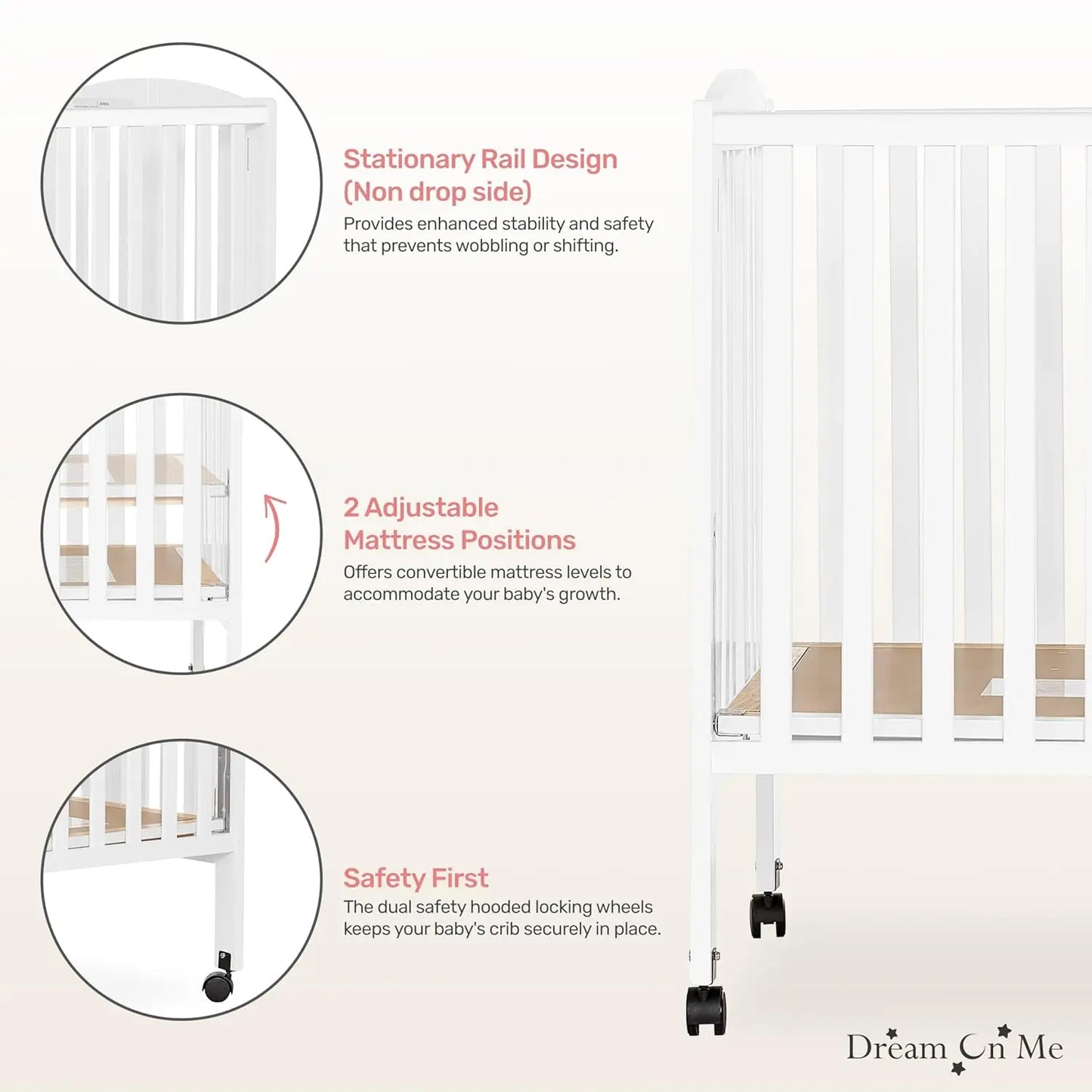 Full-Size Baby Crib is Portable with Quick Fold System, Strong Wheels, Adjustable Mattress Heights