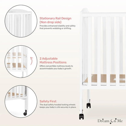Full-Size Baby Crib is Portable with Quick Fold System, Strong Wheels, Adjustable Mattress Heights