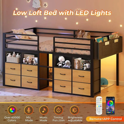 Low Loft Bed, Twin Size with Storage Drawers, Bookcase & LED Lights
