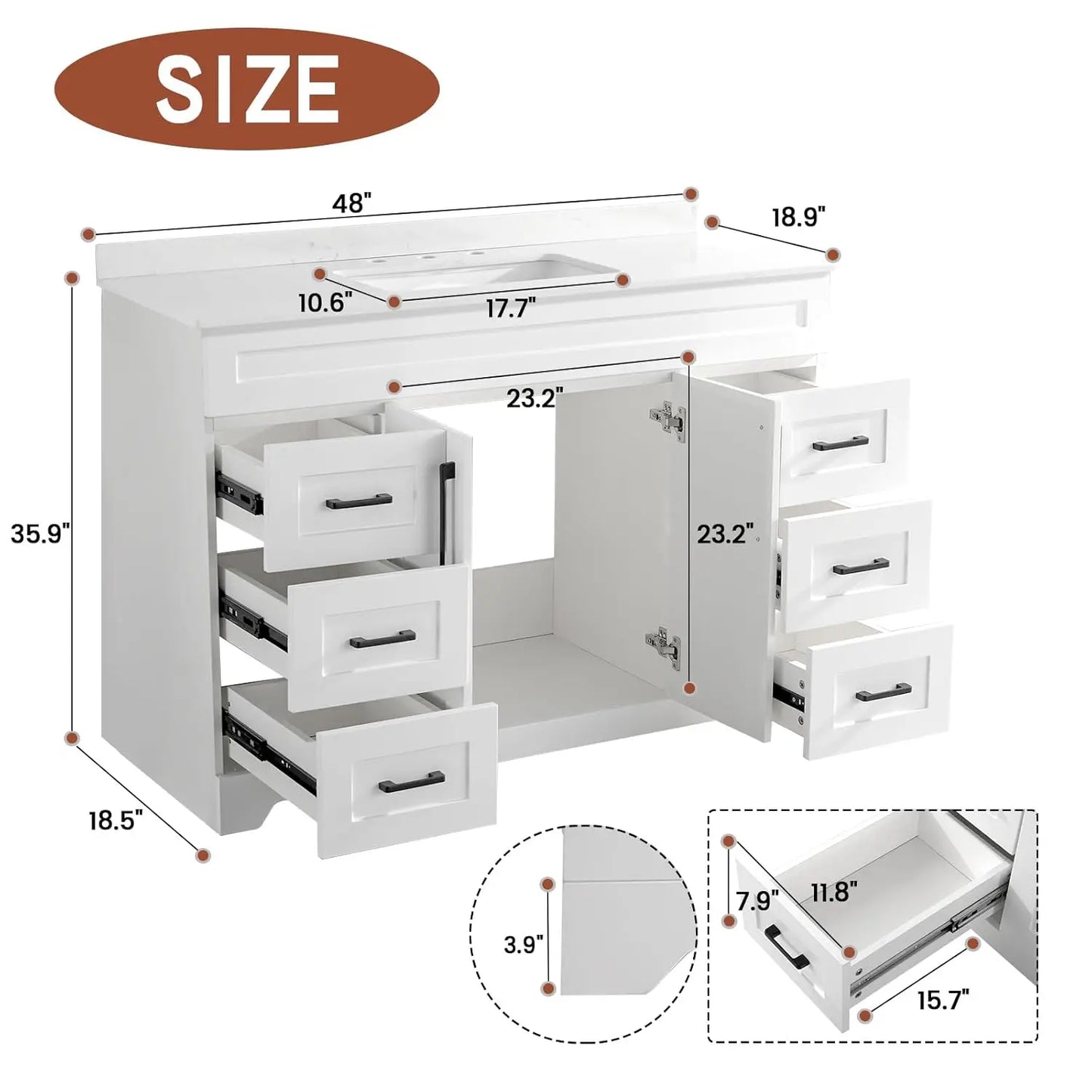 48" White Stone Top Vanity Cabinet with Soft Close Doors 6 Drawers
