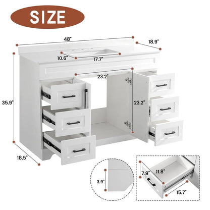 48" White Stone Top Vanity Cabinet with Soft Close Doors 6 Drawers