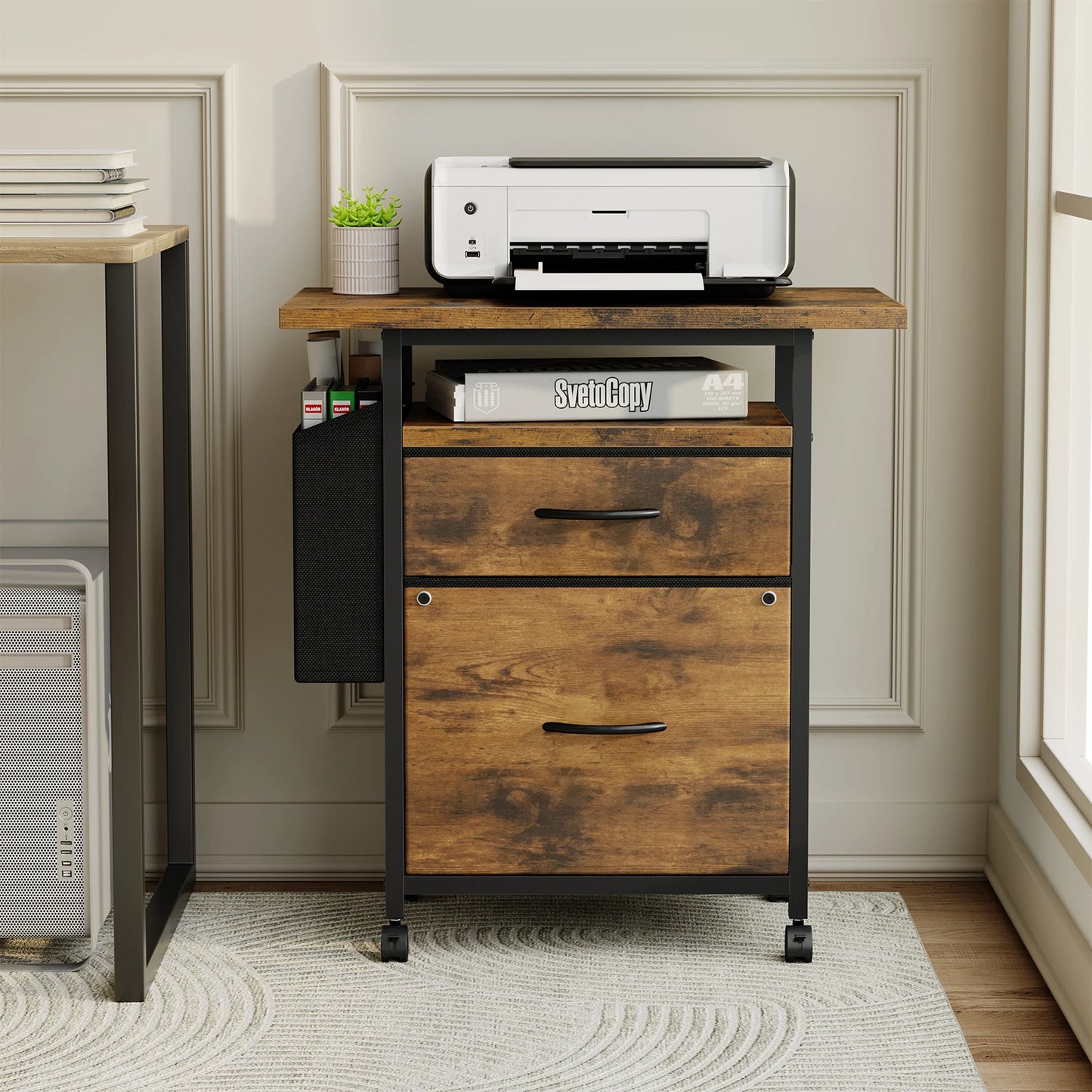 Mobile Printer Stand with Open Shelf & Side Storage Bag