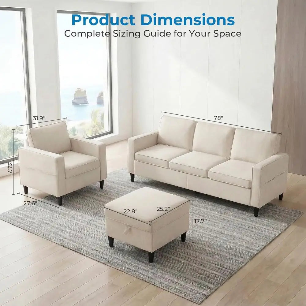 3 Pieces Sofa Couch and Chair Set with Ottoman