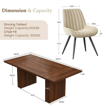 9 Pcs Modern Farmhouse Dining Table Set with 8 Upholstered Chairs
