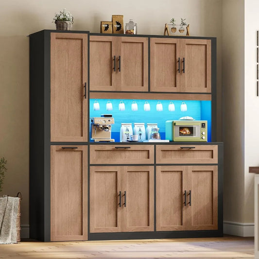 71" Kitchen Pantry Cabinet with Charging Station & LED Light