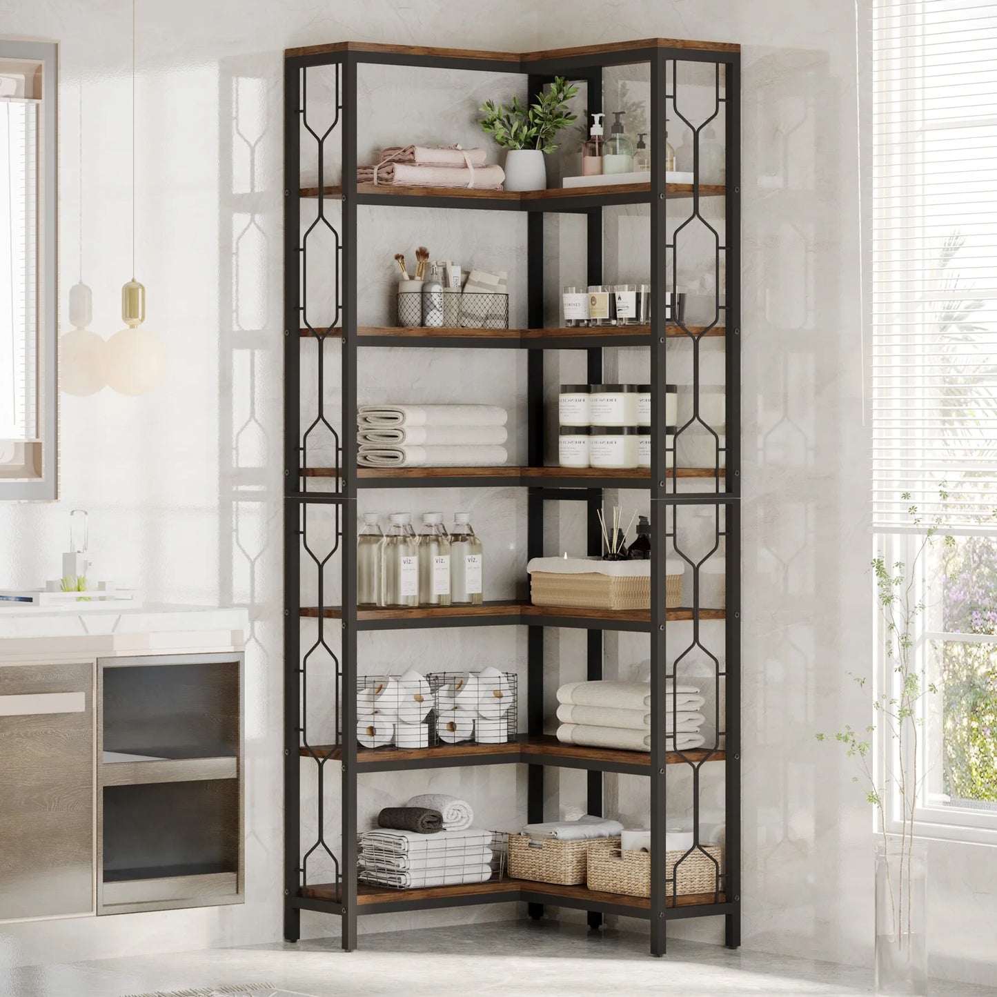 7-Tier Corner Bookshelf with Open Display Shelves
