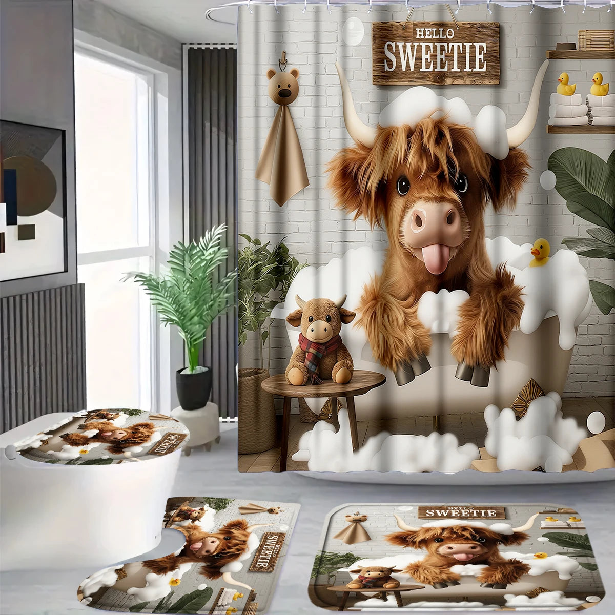 4Pcs Cute Highland Cow Shower Curtain Set with Hooks