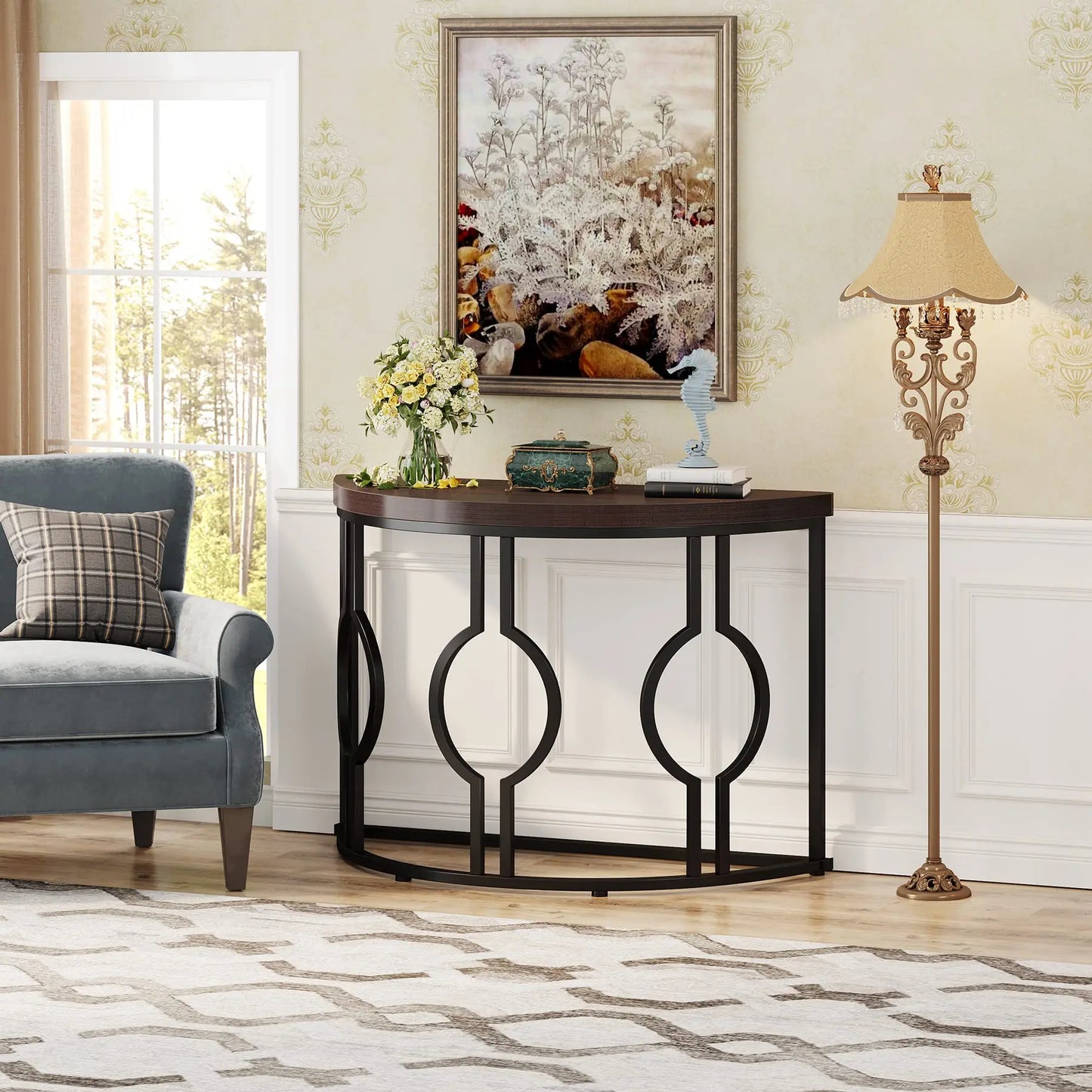 Half Moon Console Table with Geometric Base for Entryway