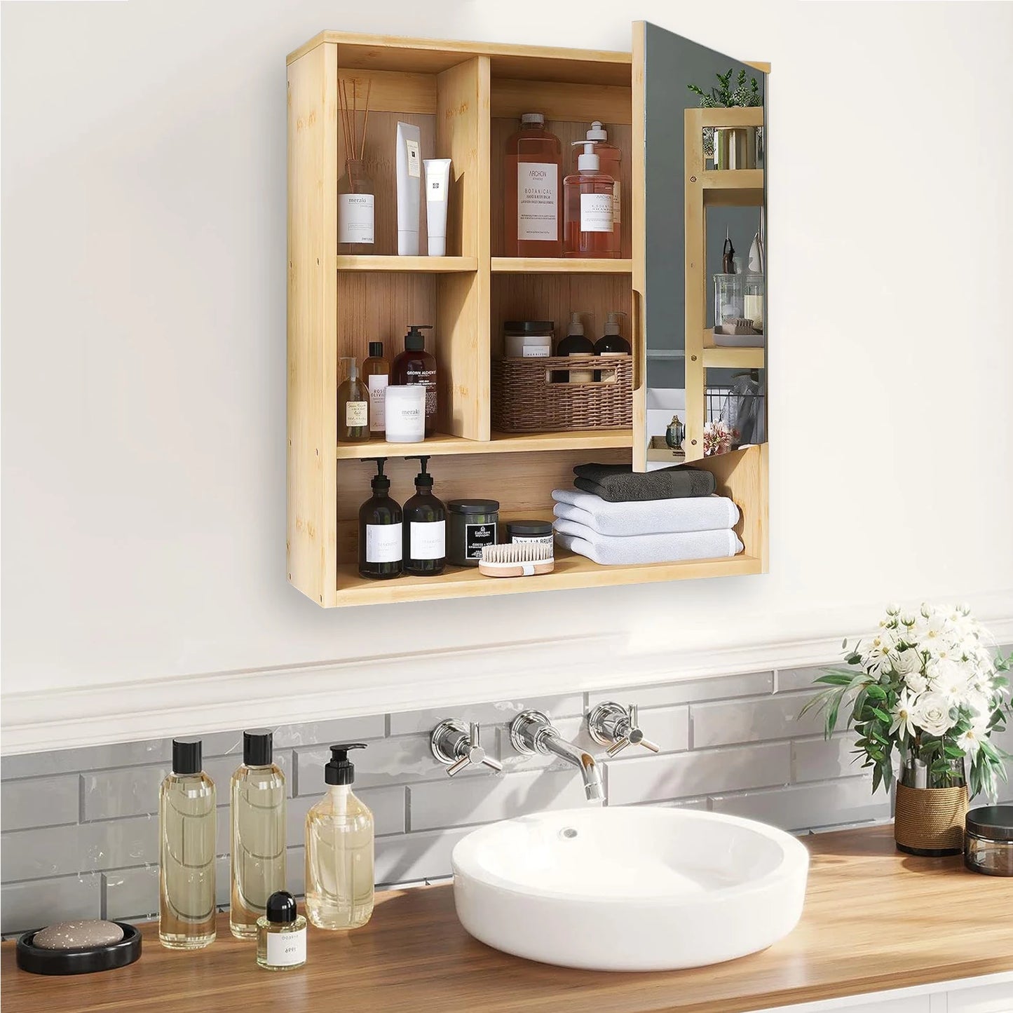 Bamboo Bathroom Medicine Cabinet with Mirror & Shelves