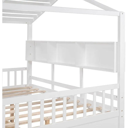White Wooden Kids House Bed with Storage Drawers and Shelves