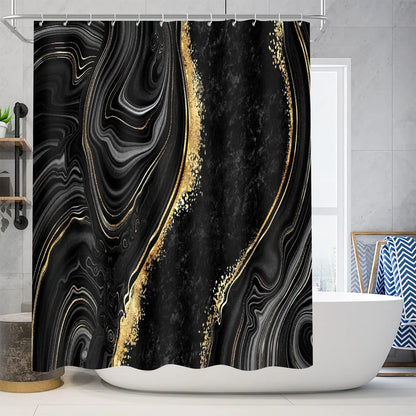 4-Piece Black Marble Shower Curtain Set with Rugs