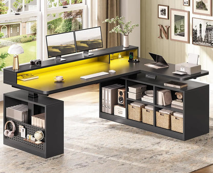 L Shaped Electric Standing Desk with Storage Shelves & LED Lights