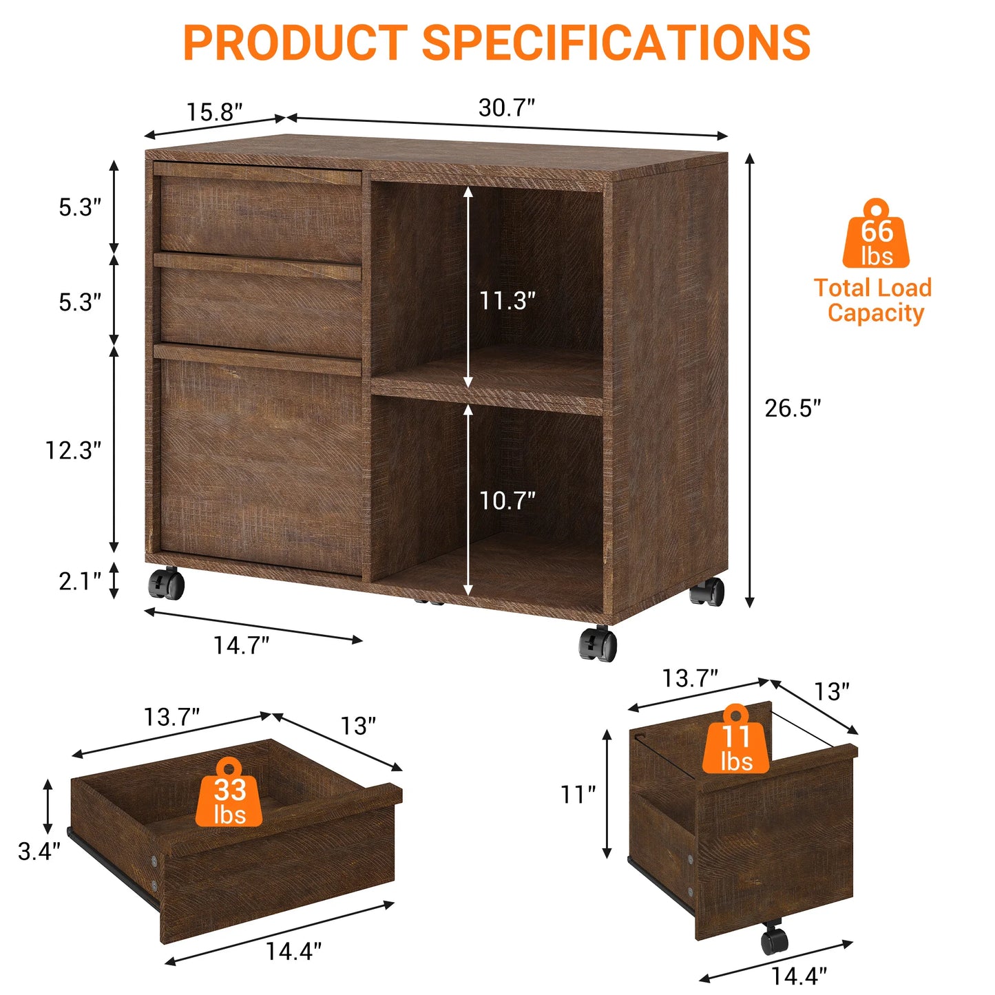 Rolling 3 Drawer Wood File Cabinet with Open Storage Shelves