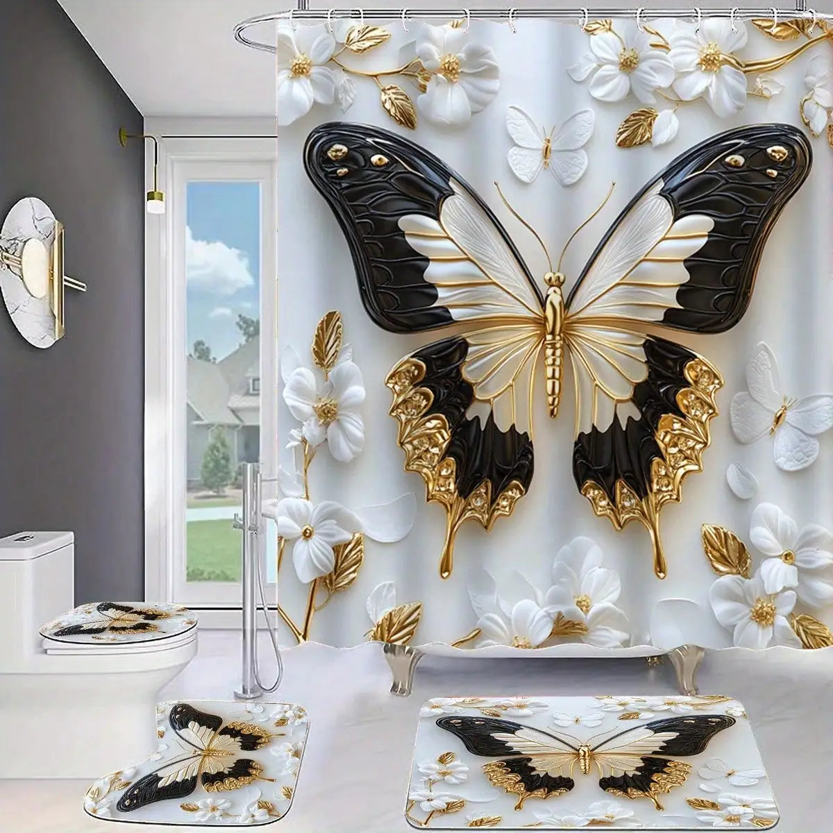 1pc/ 4pcs Platinum Butterfly Shower Curtain Set