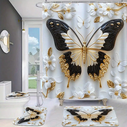 1pc/ 4pcs Platinum Butterfly Shower Curtain Set