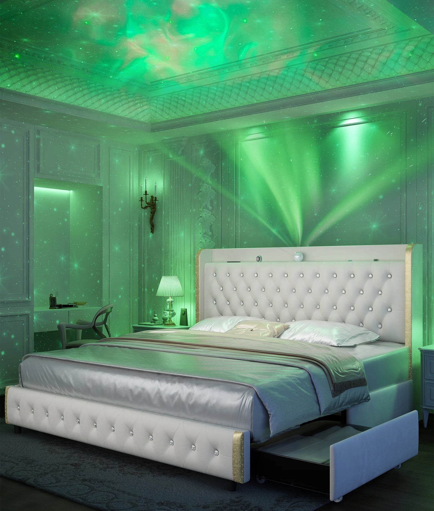 LED Bed Frame with Galaxy Projector, USB Ports & 4 Drawers