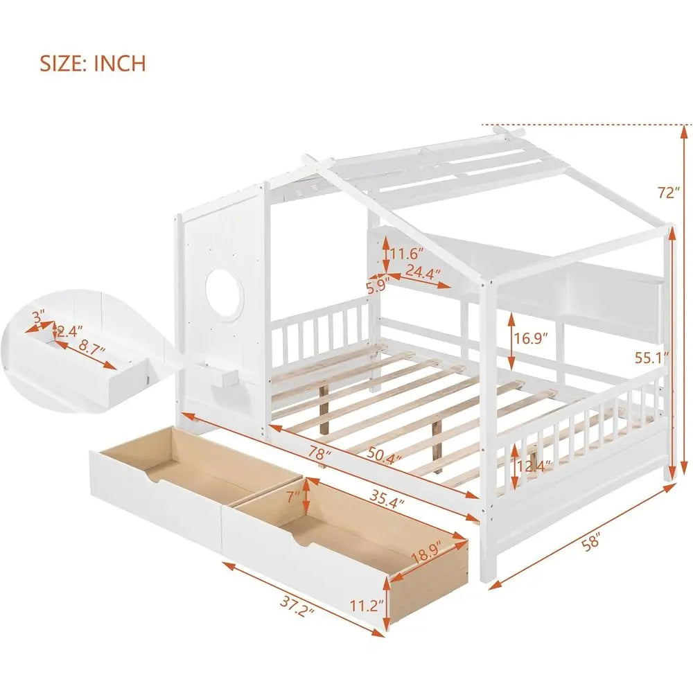 White Wooden Kids House Bed with Storage Drawers and Shelves