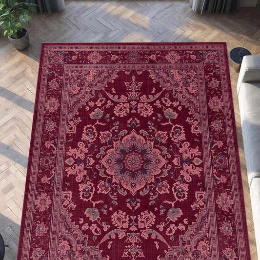 Vintage-Style Burgundy Round Patterned Rug w/ Retro Oriental Floral Border