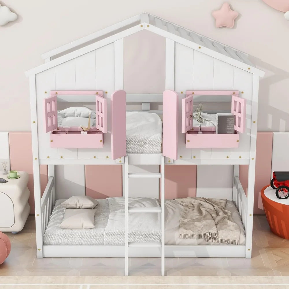 Floor House Bunk Bed with Roof and Window