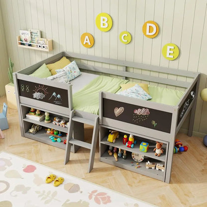 Low Loft Bed with Storage Shelves, Chalkboard & Under-Bed Play Area