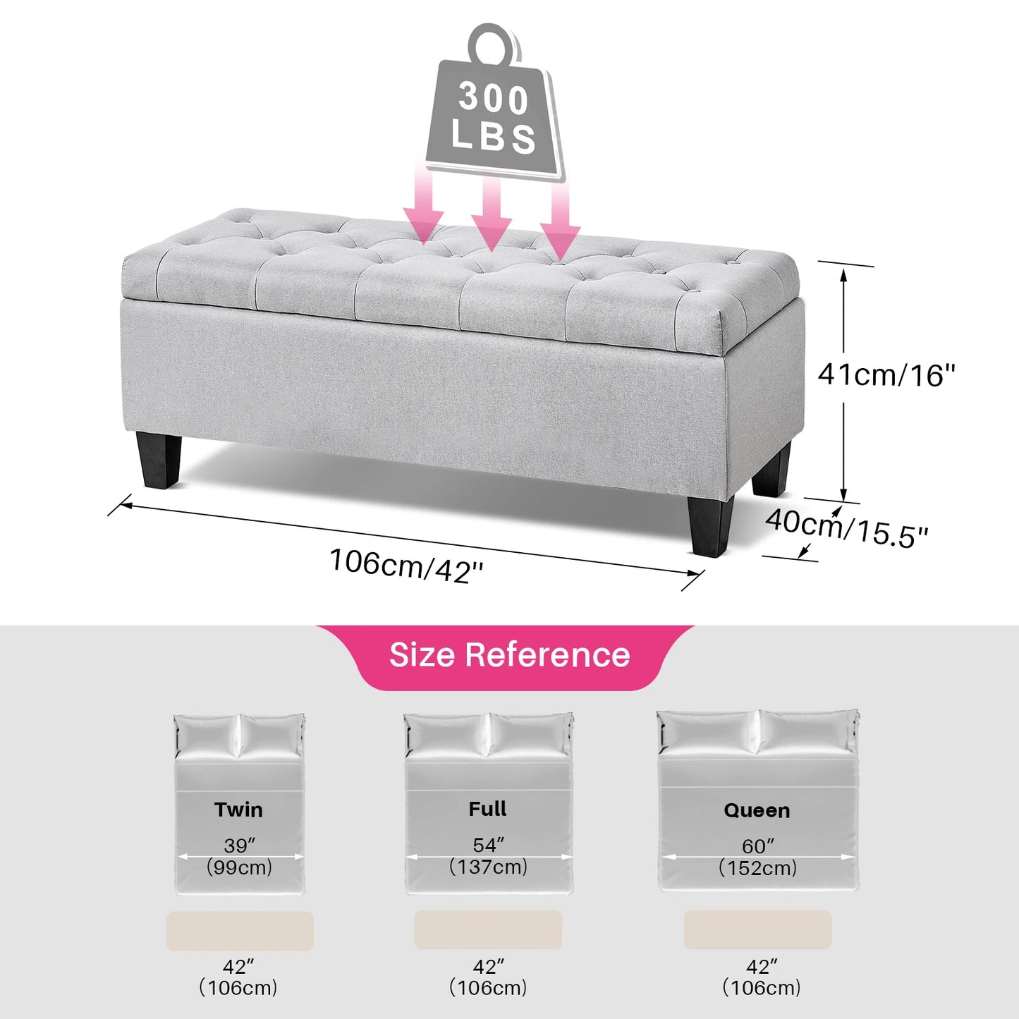 42" Storage Ottoman Bench w/ Flipping Lid & Safety Hinge