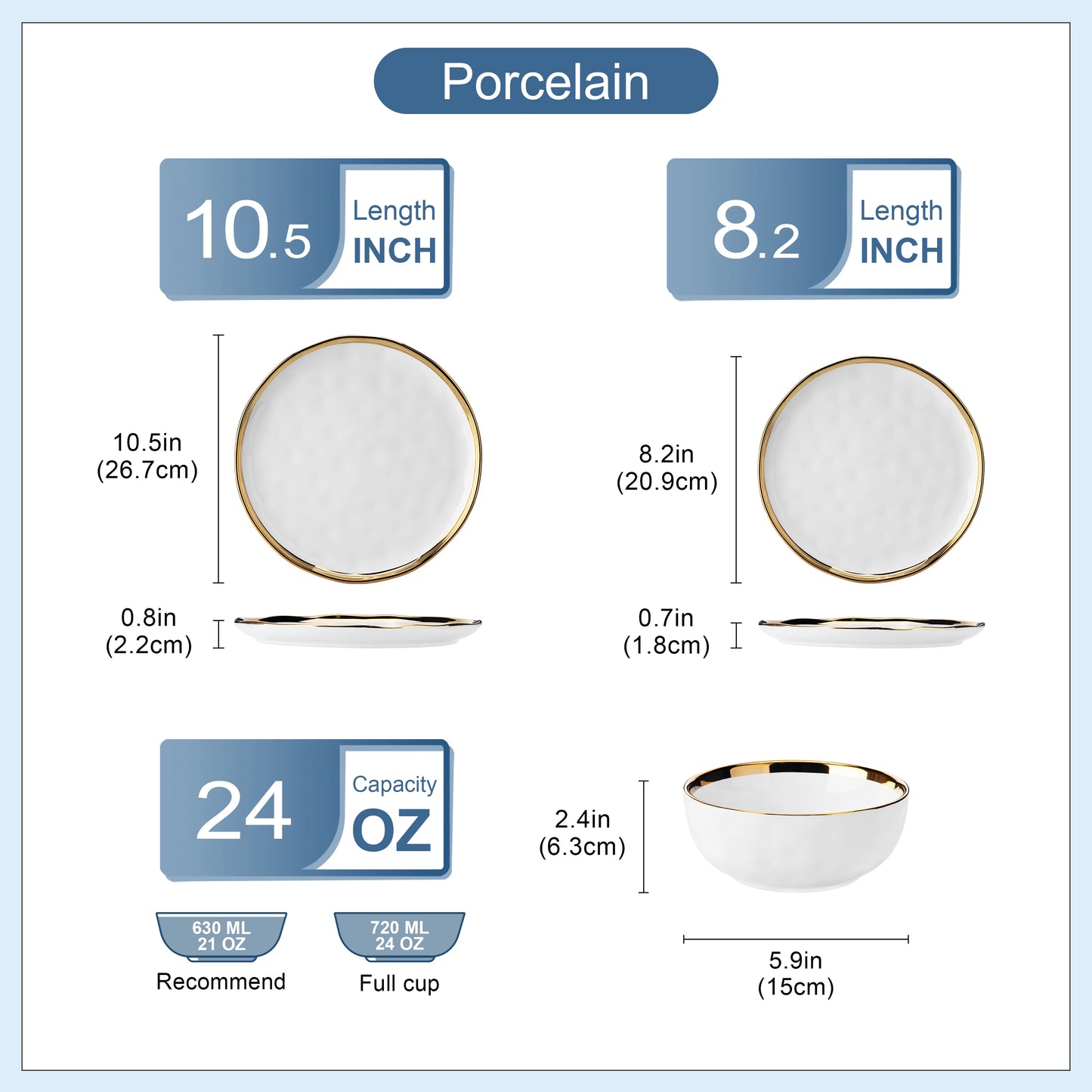 12/24 Piece White with Golden Rim Porcelain Dinnerware Sets
