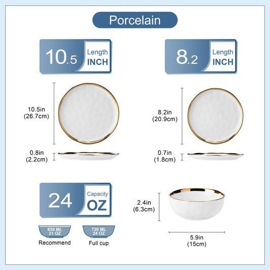 12/24 Piece White with Golden Rim Porcelain Dinnerware Sets