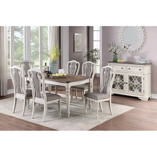 Oak Top 7-Piece Dining Set with 6 Antique White Cushioned Seats