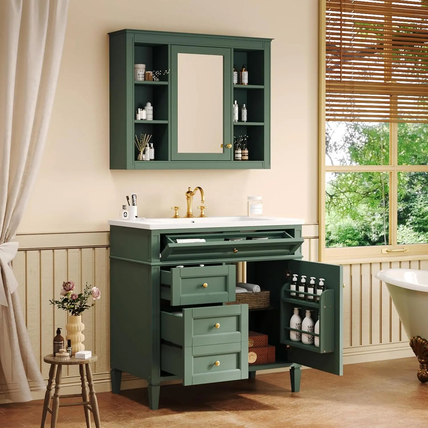 36" Bathroom Vanity Set with Mirror, Cabinet & Single Sink