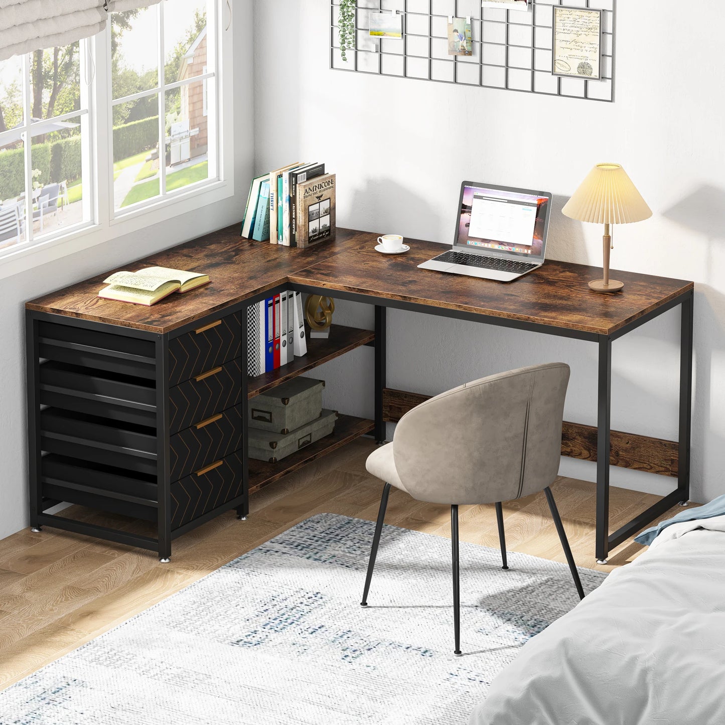 59 inch Corner Desk with Shelves & Storage Drawers